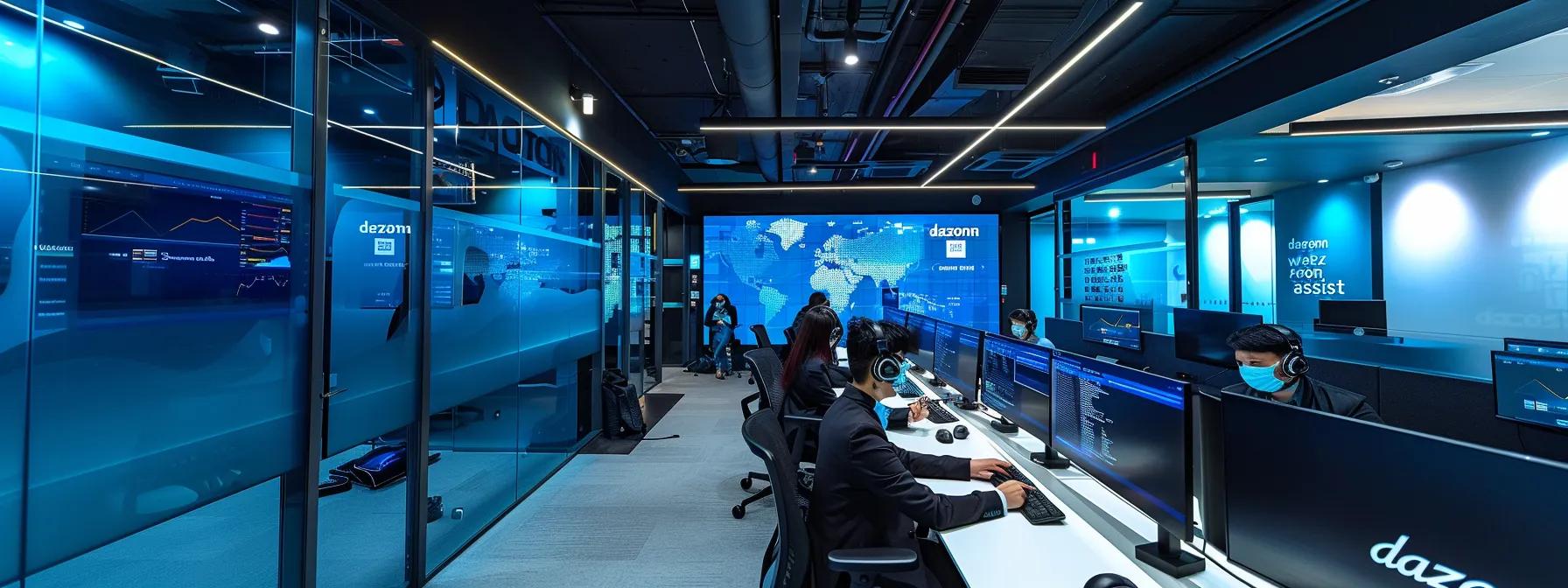 Modern call center office with agents at computers, displaying customer support technology and data analytics for e-commerce, featuring Dazonn branding and a blue color scheme.