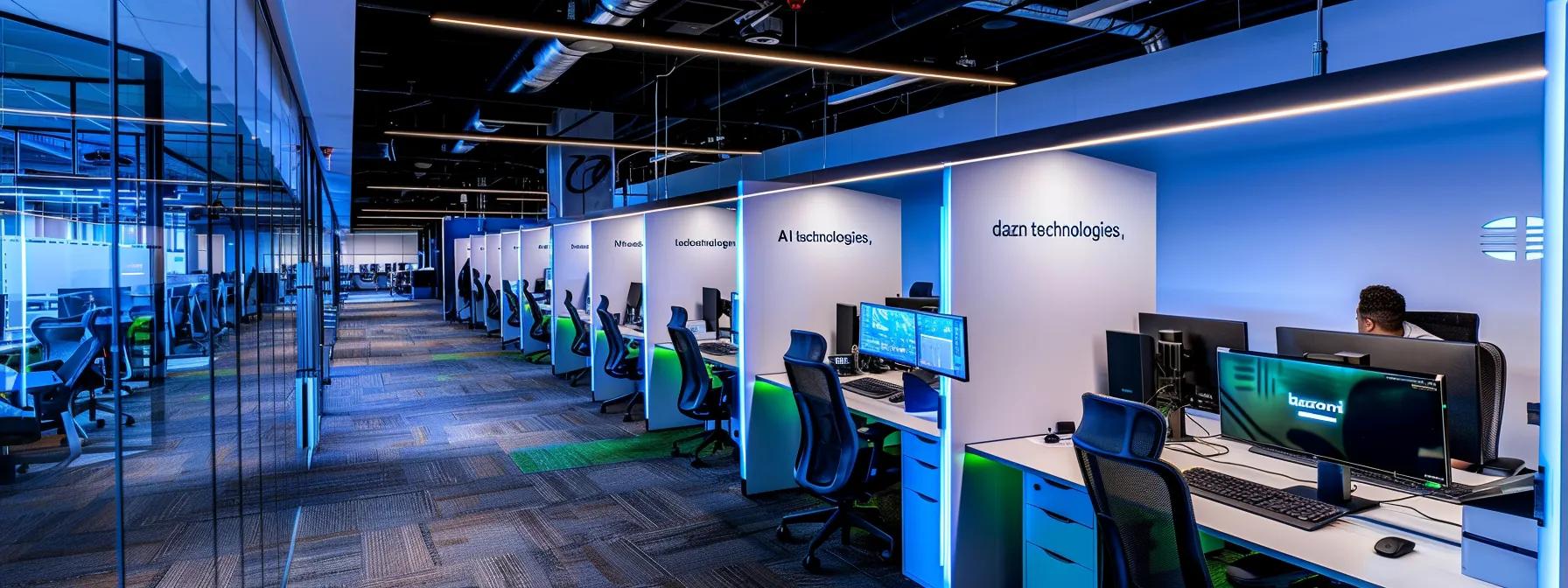 Modern call center office featuring AI technology workstations, ergonomic chairs, and illuminated partitions with company branding, emphasizing operational efficiency and customer service innovation.