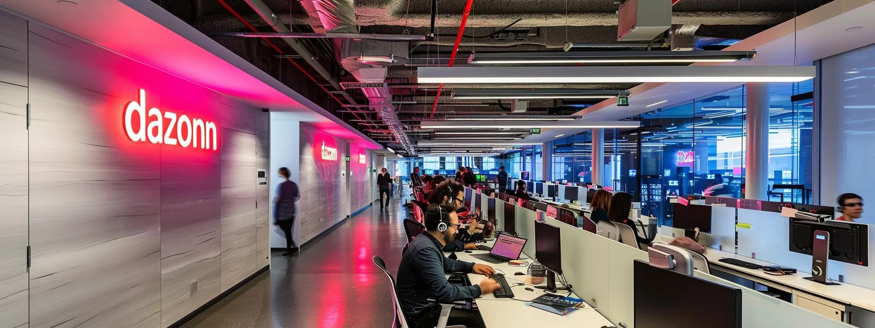 Modern Dazonnassist call center office with agents at work, featuring ergonomic desks, headsets, and a vibrant pink logo, illustrating a dynamic customer support environment.