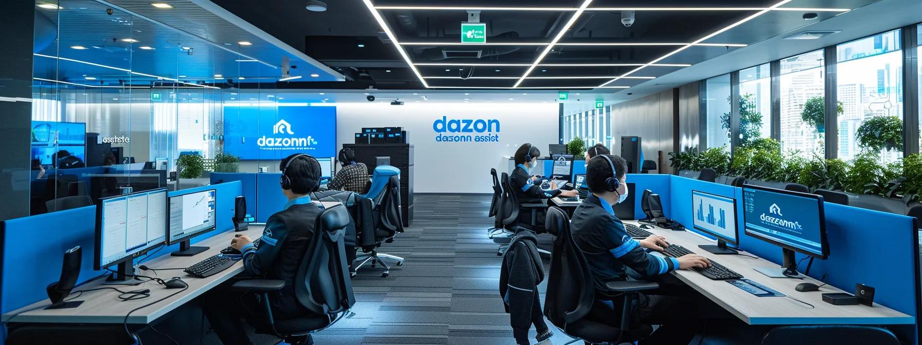 Call center agents at Dazonn Assist working in a modern, well-lit office environment, equipped with multiple computer monitors and headsets, emphasizing effective customer service practices.