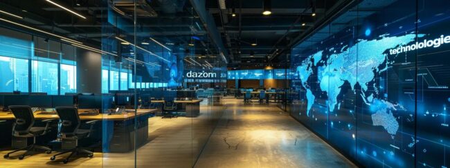 a sleek, modern call center office filled with advanced technology and dynamic ai interfaces, featuring the bold name "dazonn technologies" prominently displayed on the walls, illustrating the transformation of customer service through innovation.