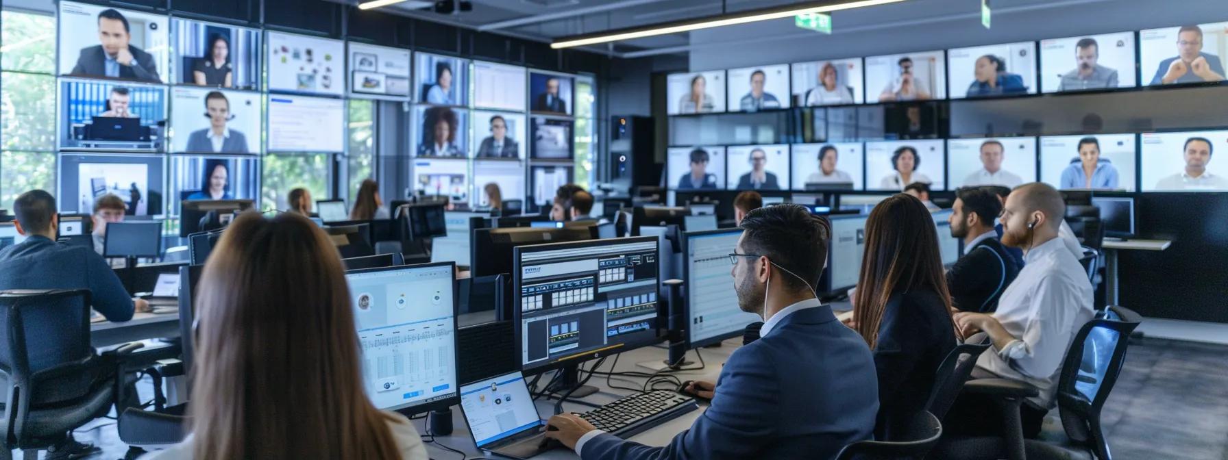 Modern remote call center workspace with multiple agents engaged in video calls, large screens displaying customer interactions, and computer monitors showing analytics and performance metrics.
