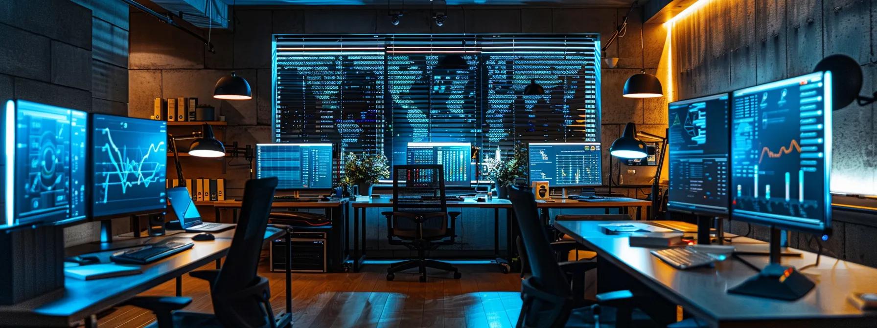 Sleek modern office space with multiple computer monitors displaying data analytics, illuminated by ambient lighting, reflecting a remote call center environment.