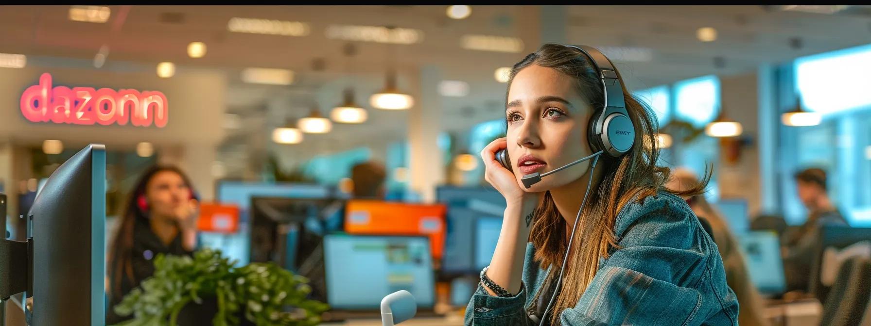 Call center agent wearing a headset, focused on assisting customers, with Dazonn branding in the background, highlighting effective customer service and communication strategies.