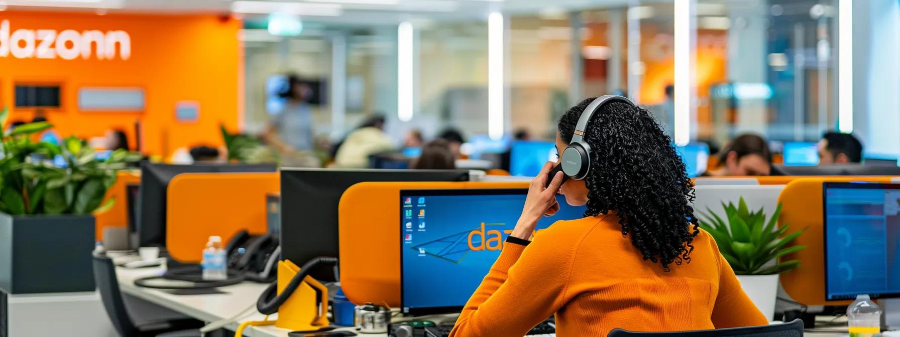 Call center agent wearing headphones in a vibrant office environment, featuring Dazonn branding, engaged in customer service communication, surrounded by colleagues and modern workstations.