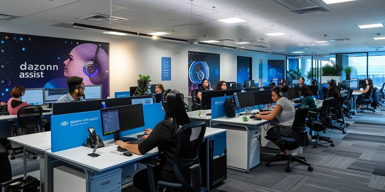 a bustling call center office, featuring modern workstations with vibrant branding of "dazonn assist" on the walls, exemplifies how small businesses can harness competitive customer service to stand out against larger corporations.