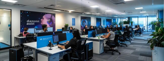 a bustling call center office, featuring modern workstations with vibrant branding of "dazonn assist" on the walls, exemplifies how small businesses can harness competitive customer service to stand out against larger corporations.
