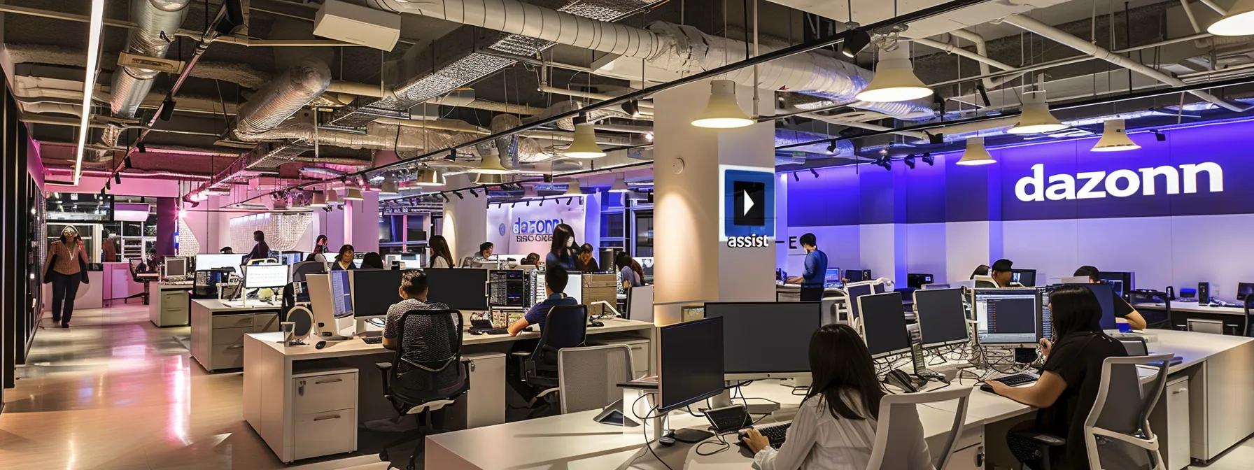 Bustling call center office with Dazonn Assist branding, showcasing agents engaged in customer service interactions at computer workstations, emphasizing a modern and collaborative environment.