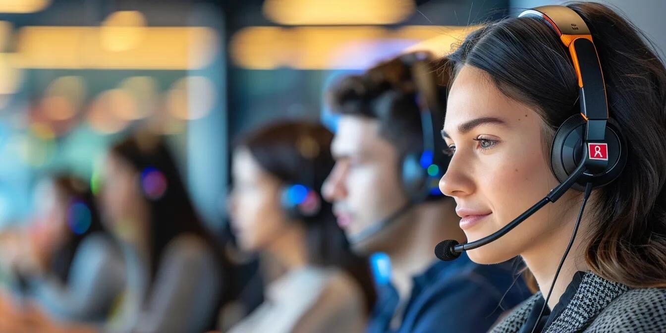 a dynamic call center environment featuring attentive agents engaged in conversations, with colorful dazonn assist branding in the background, emphasizing professionalism and effective customer service.