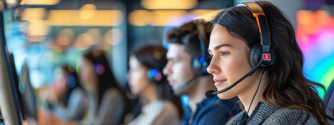 a dynamic call center environment featuring attentive agents engaged in conversations, with colorful dazonn assist branding in the background, emphasizing professionalism and effective customer service.