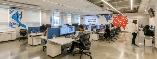 a dynamic call center office bustling with professionals engaged in conversations, featuring modern workstations and vibrant wall art of "dazonn assist," symbolizing top-notch support for healthcare, ecommerce, and finance industries.
