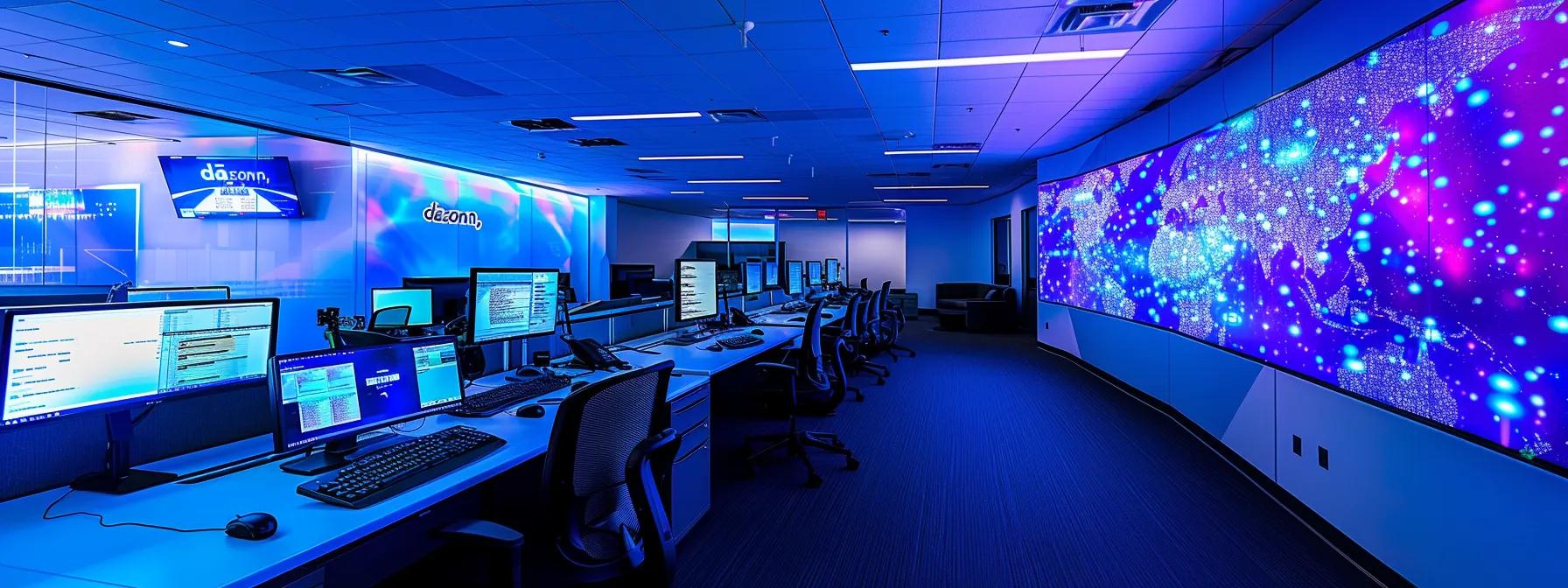 Modern call center environment featuring Dazonn branding, multiple computer workstations with monitors displaying data, and a large digital wall map illuminated in blue and purple tones, emphasizing advanced technology for optimizing call center operations.