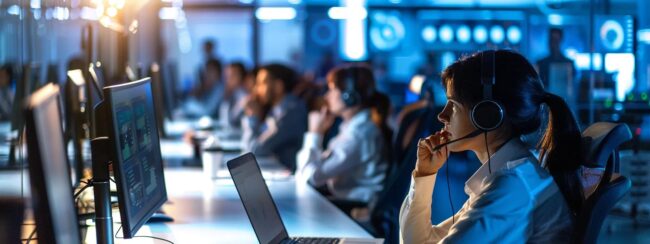 a modern call center bustling with remote agents working seamlessly on sleek devices in a high-tech office environment, illuminated by dynamic led displays showcasing customer service metrics.