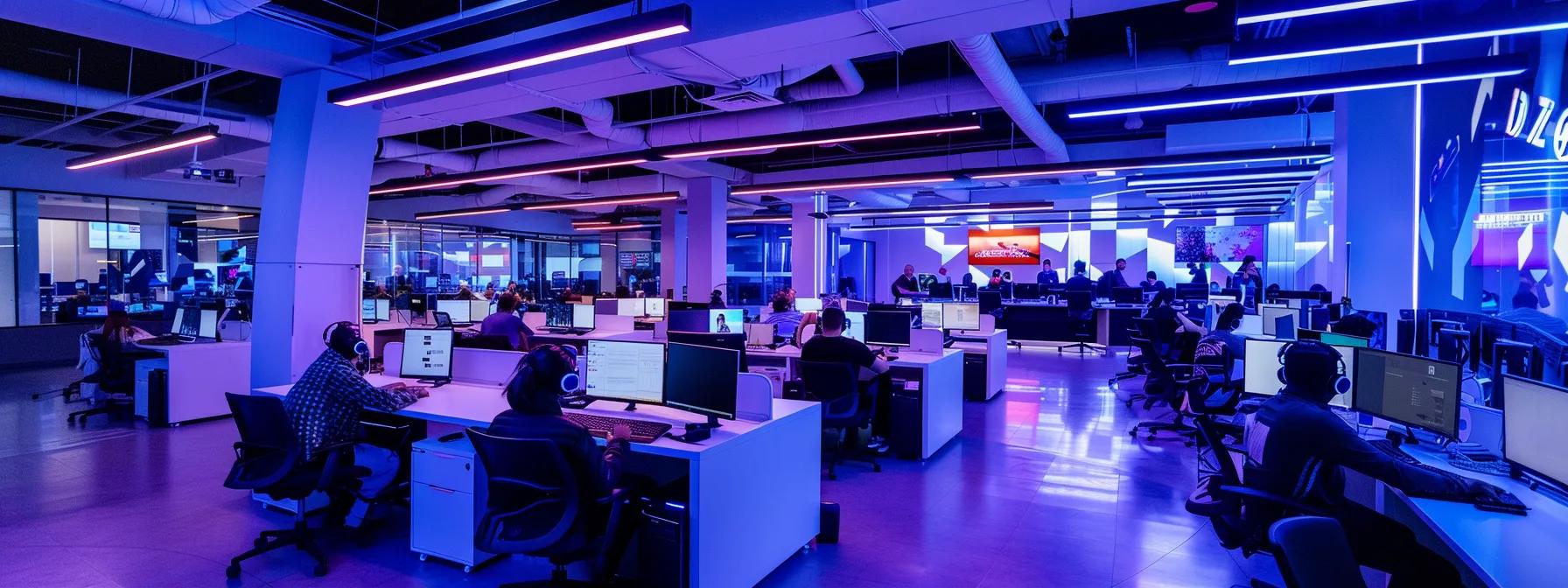 Modern call center environment with agents using computers and headsets, illuminated by vibrant purple and blue lighting, emphasizing AI integration and collaborative workspace.