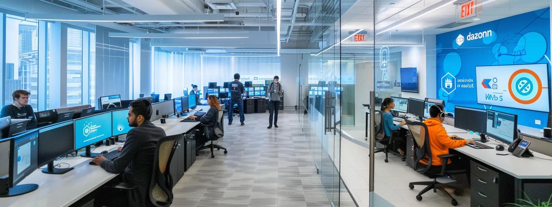 Modern call center environment with Dazonn Assist branding, featuring employees engaged in customer support activities at computer workstations, emphasizing efficiency and collaboration for e-commerce startups.