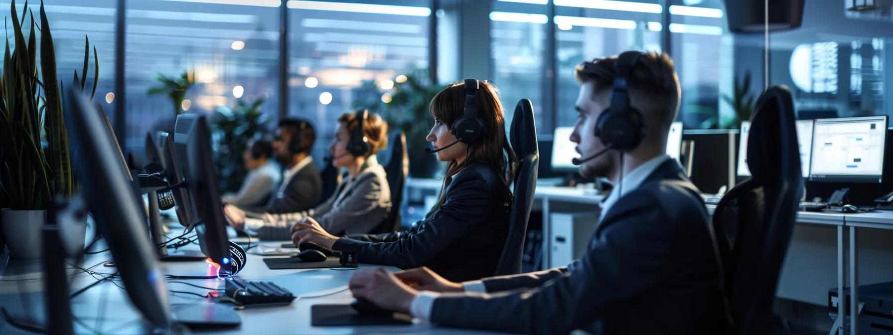 Modern call center agents wearing headsets, focused on computers in a well-lit workspace, emphasizing clear communication and noise reduction for effective customer service.