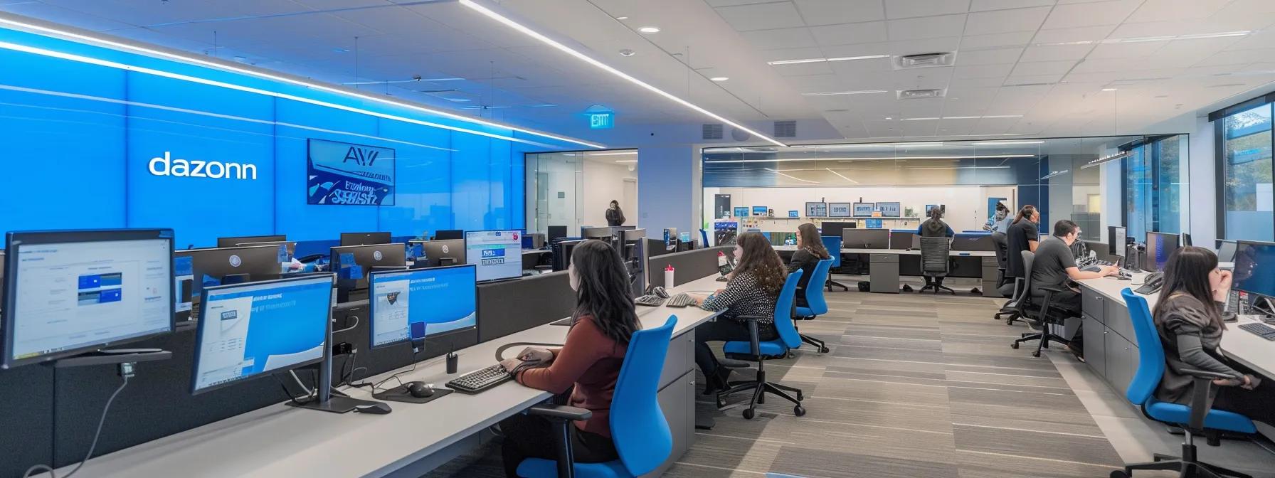 Modern call center office featuring Dazonn branding, with multiple agents working at computers in a collaborative environment, emphasizing efficient customer support for e-commerce startups.