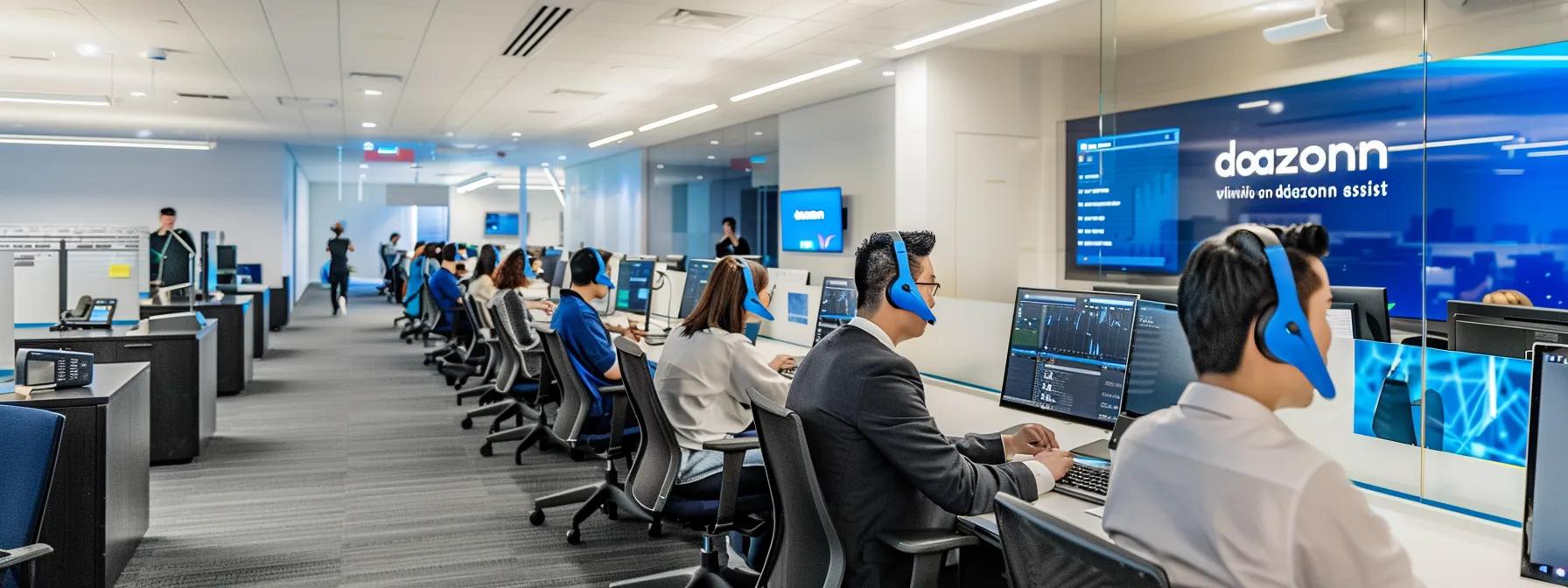 Modern call center office with multiple agents wearing headsets, focused on computers, showcasing Dazonn Assist branding and technology for e-commerce customer support.