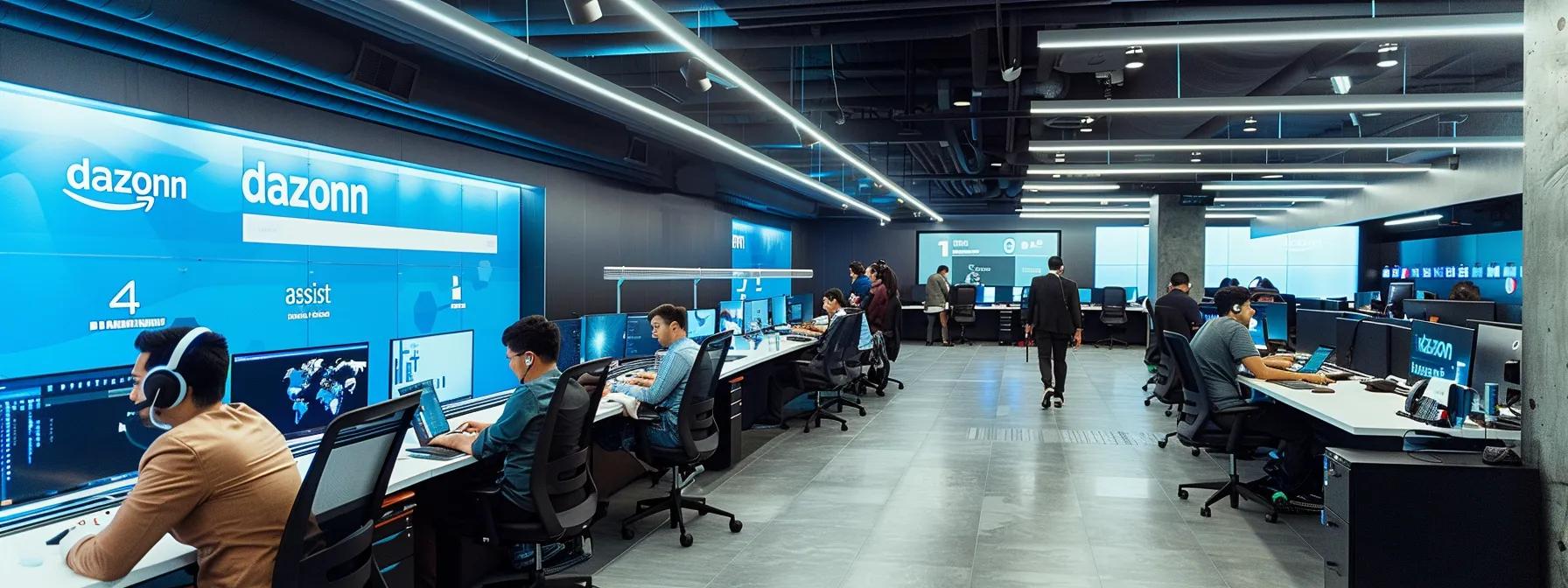 Modern call center office with agents using advanced technology, featuring Dazonn branding, workstations with computers and headsets, and a collaborative environment for customer support.