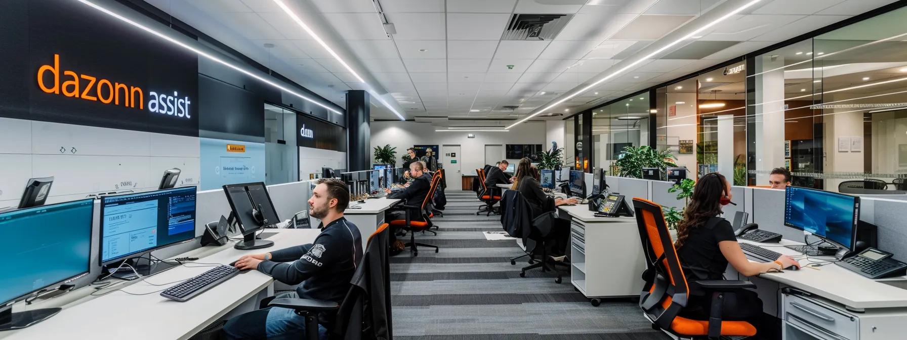 Modern call center office with Dazonn Assist branding, featuring agents at workstations with multiple monitors, headsets, and a collaborative environment designed for efficient customer support.