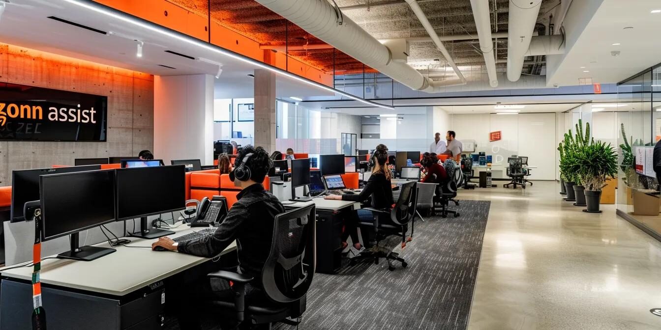a sleek, modern call center office filled with engaged agents at workstations, the walls adorned with "dazonn assist" branding in bold, contemporary typography, reflecting a dynamic environment tailored for e-commerce startups.