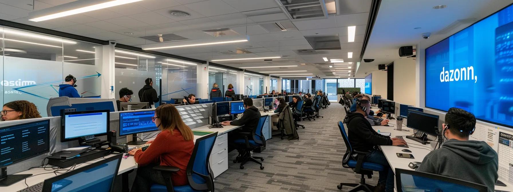 Vibrant call center office with employees at desks, using headsets and computers, showcasing Dazonn Assist branding on screens, emphasizing efficient customer service and support capabilities.