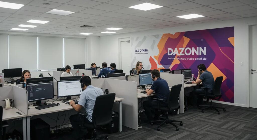 a dynamic call center scene featuring vibrant dazonn branding on the walls, bustling with focused agents efficiently handling calls, illuminated by bright overhead lights that enhance the energetic atmosphere.
