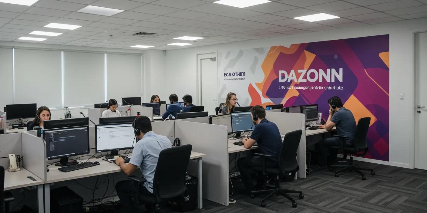 a dynamic call center scene featuring vibrant dazonn branding on the walls, bustling with focused agents efficiently handling calls, illuminated by bright overhead lights that enhance the energetic atmosphere.