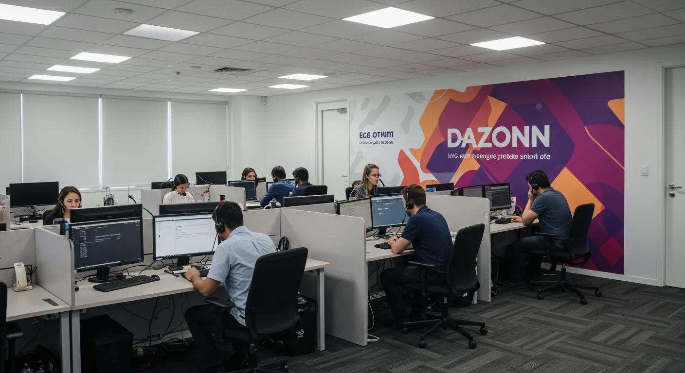 a dynamic call center scene featuring vibrant dazonn branding on the walls, bustling with focused agents efficiently handling calls, illuminated by bright overhead lights that enhance the energetic atmosphere.