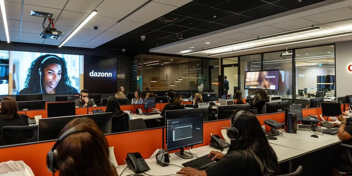 a bustling call center during peak season, showcasing an energetic team of agents collaborating at sleek workstations, with "dazonn" boldly displayed on the walls, illuminated by bright overhead lighting.