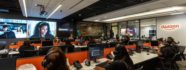 a bustling call center during peak season, showcasing an energetic team of agents collaborating at sleek workstations, with "dazonn" boldly displayed on the walls, illuminated by bright overhead lighting.