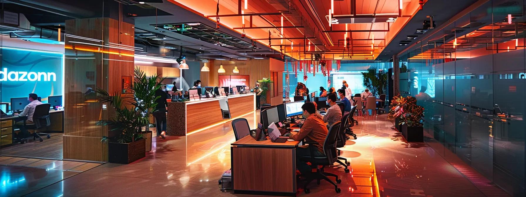 Modern call center office environment with Dazonn branding, featuring employees engaged in customer support, multiple computer workstations, and vibrant lighting, illustrating BPO solutions for the travel and hospitality industry.