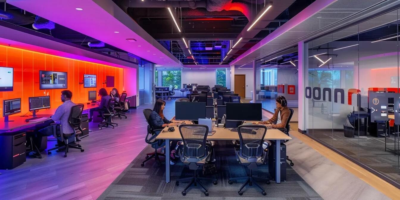 a dynamic call center office showcases employees engaged in remote work, with vibrant dazonn assist branding on the walls and modern workstations illuminated by sleek overhead lighting, highlighting the evolving landscape of customer service in a digital age.