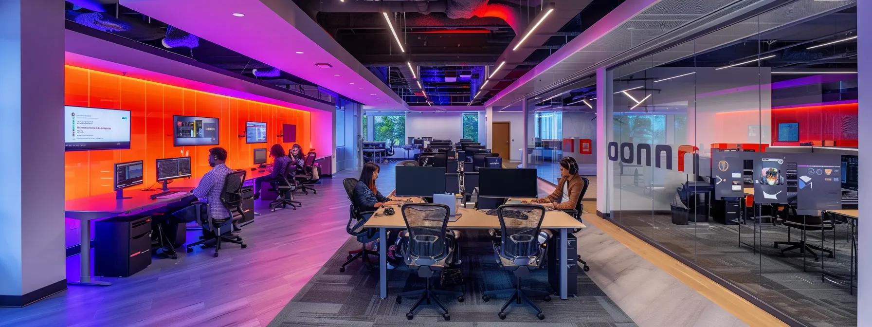 a dynamic call center office showcases employees engaged in remote work, with vibrant dazonn assist branding on the walls and modern workstations illuminated by sleek overhead lighting, highlighting the evolving landscape of customer service in a digital age.