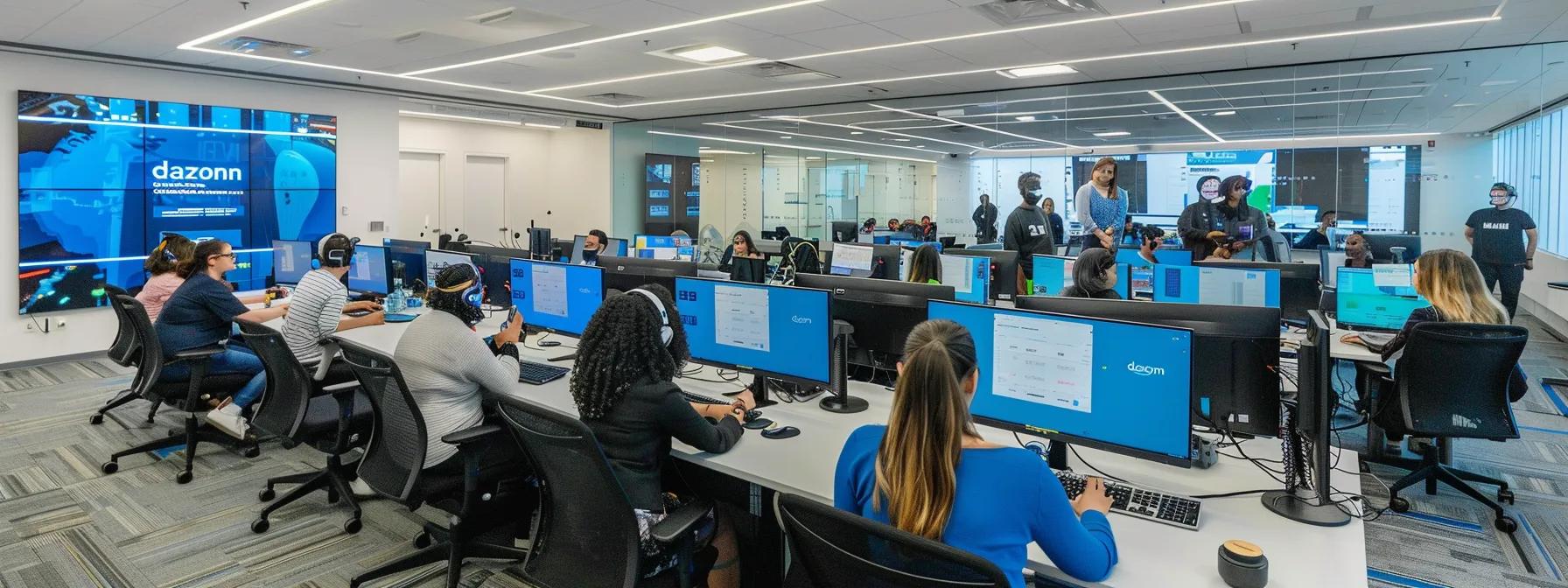 Call center environment featuring Dazonn branding, employees using headsets, and multiple computer workstations, illustrating BPO operations and teamwork during peak season planning.