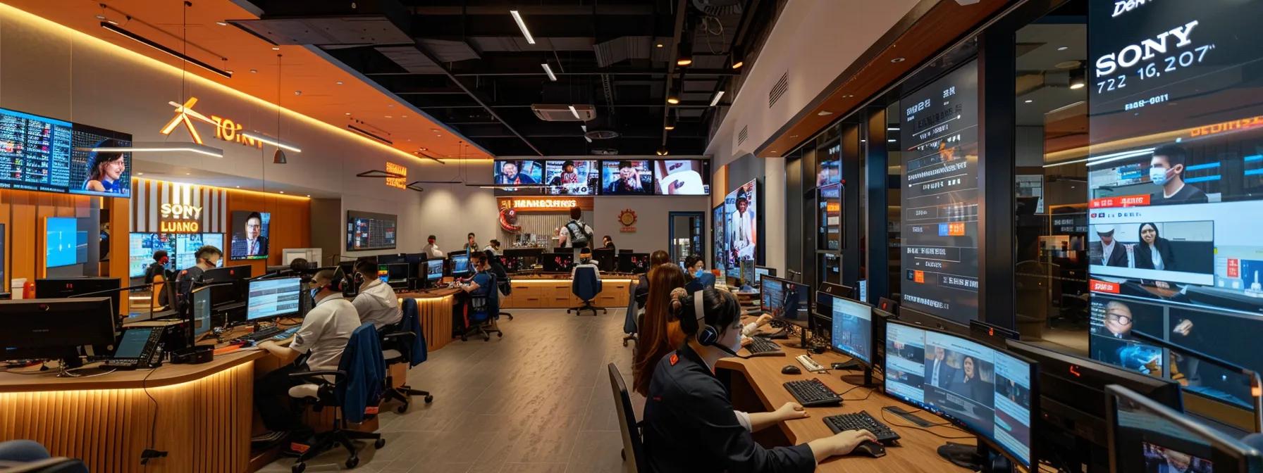 Dynamic call center environment with multiple workstations, employees wearing headsets, and large screens displaying data and video feeds, illustrating BPO services for customer support and operational efficiency during peak seasons.