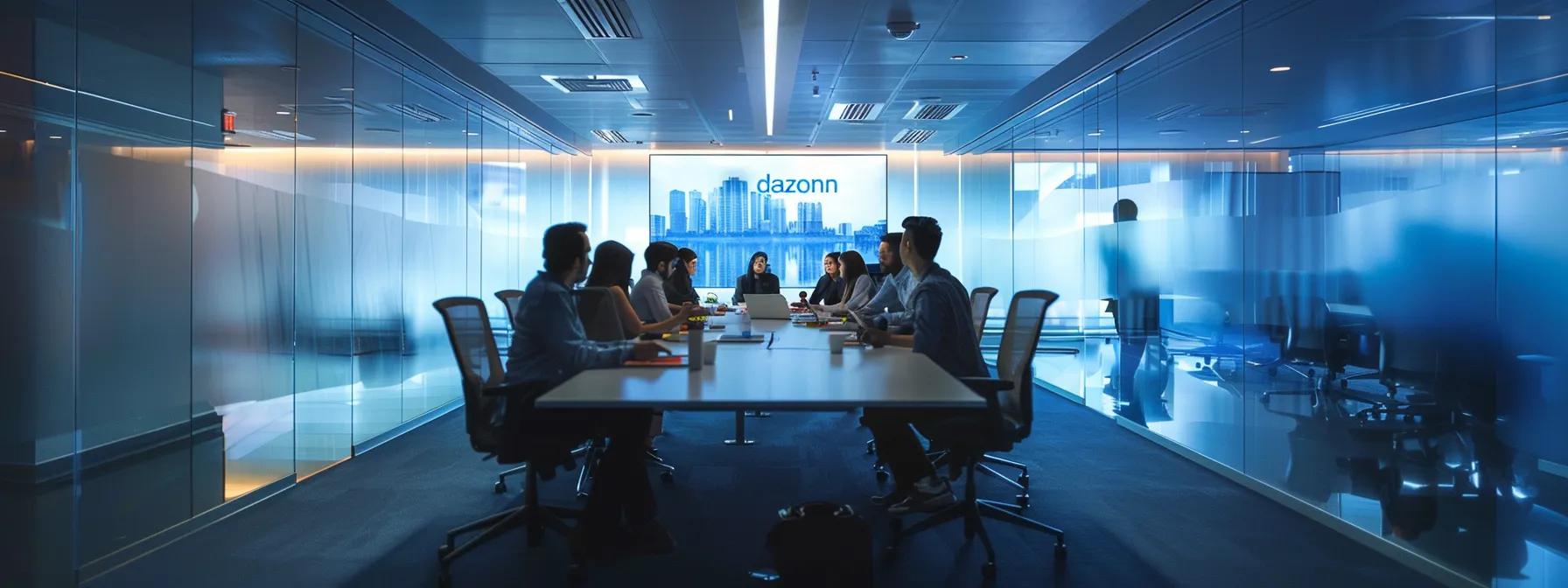 Business professionals in a modern conference room discussing BPO partnerships, with a Dazonn logo displayed on a large screen in the background.