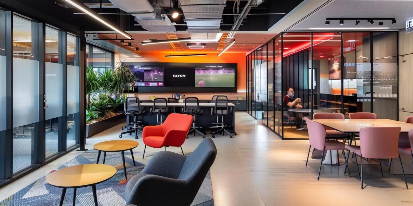 a sleek, modern bpo office filled with collaborative workspaces and vibrant dazonn branding on the walls, showcasing professionals engaged in discussion and strategy planning for optimizing industry partnerships.