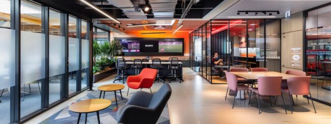 a sleek, modern bpo office filled with collaborative workspaces and vibrant dazonn branding on the walls, showcasing professionals engaged in discussion and strategy planning for optimizing industry partnerships.