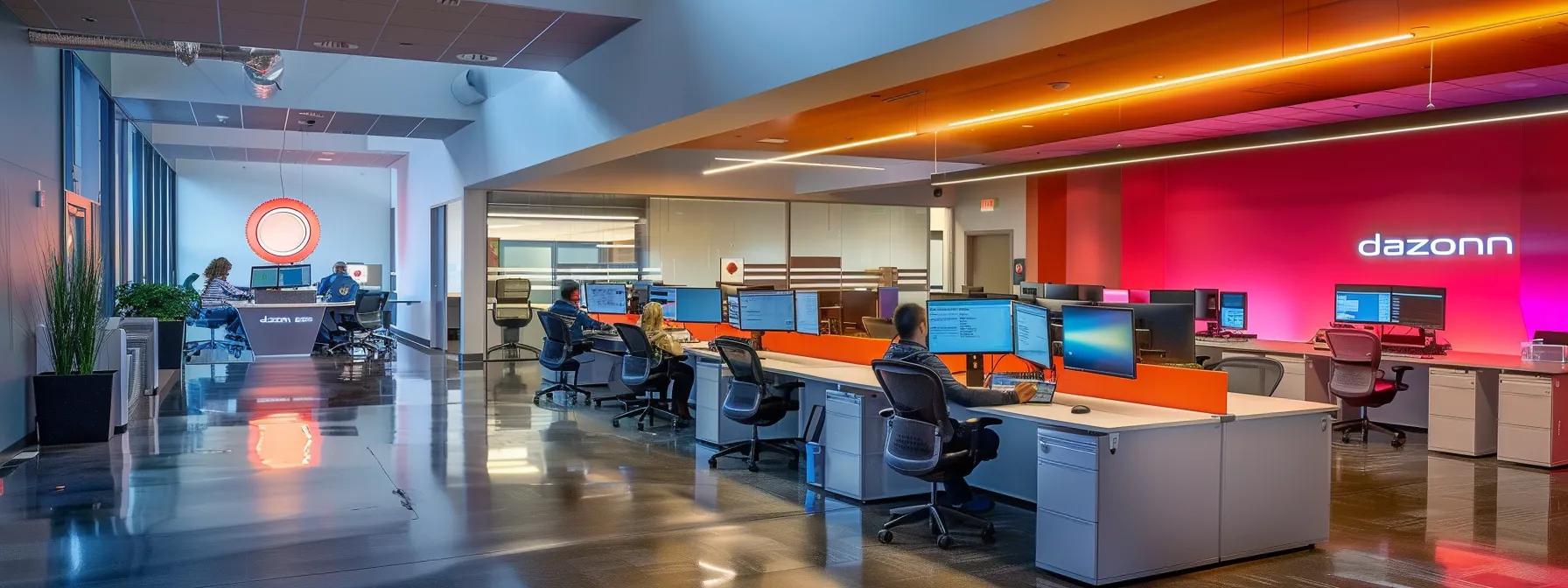 a vibrant call center office bustling with activity, featuring sleek workstations equipped with advanced technology, and the name