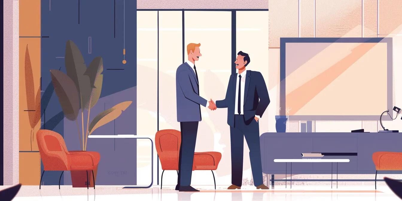 two business men shaking hands in meeting room