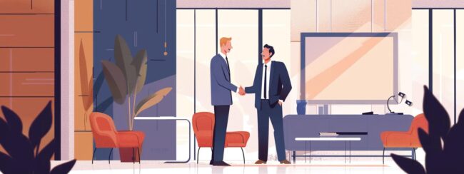 two business men shaking hands in meeting room