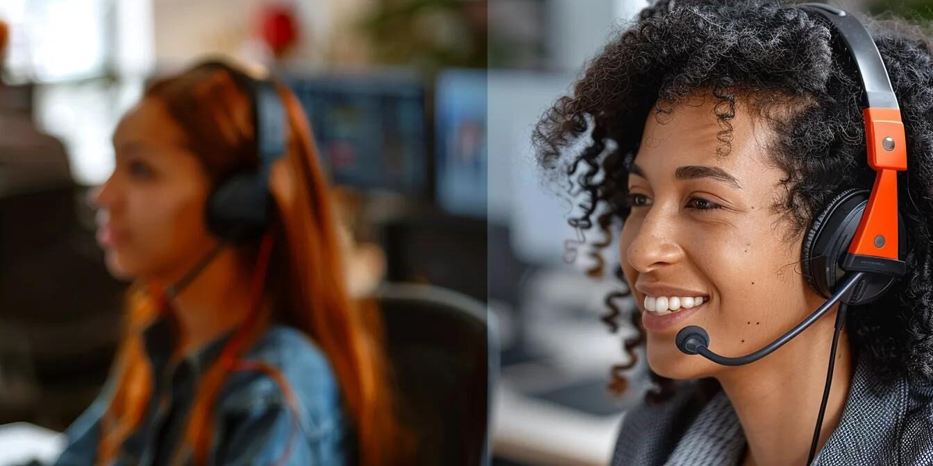 customer talking to a call center employee in split image