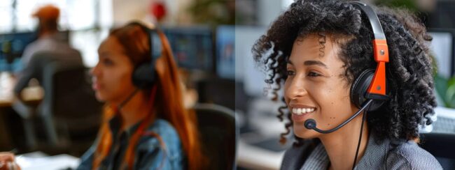 customer talking to a call center employee in split image