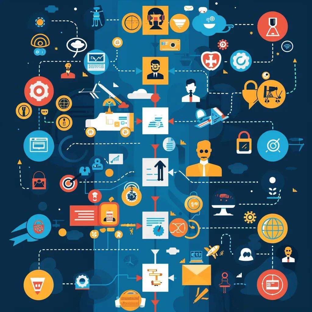 Infographic illustrating the integration of AI, automation, and CRM in customer service, highlighting growth metrics, personalized experiences, and customer-centric strategies.