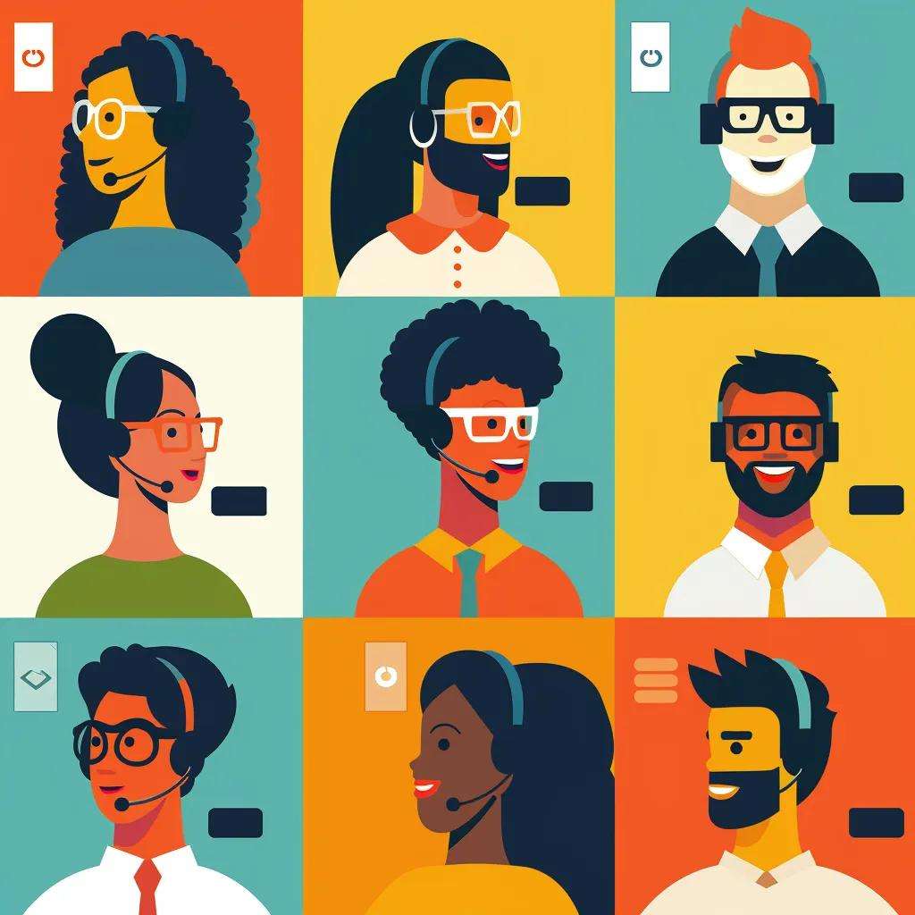 Diverse call center agents with headsets and glasses, smiling and engaging, representing customer service and analytics in a vibrant, illustrated style.