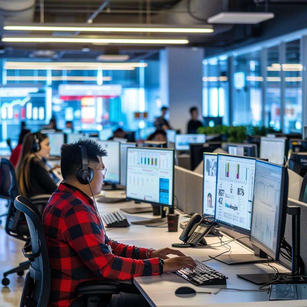 Offshore telemarketing service representative working at a call center, using multiple monitors to manage data and customer interactions.