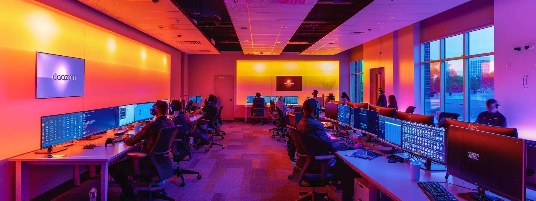Dynamic call center environment with multiple screens, employees in headsets, and vibrant lighting, representing Dazonn Assist's solar lead generation strategies.