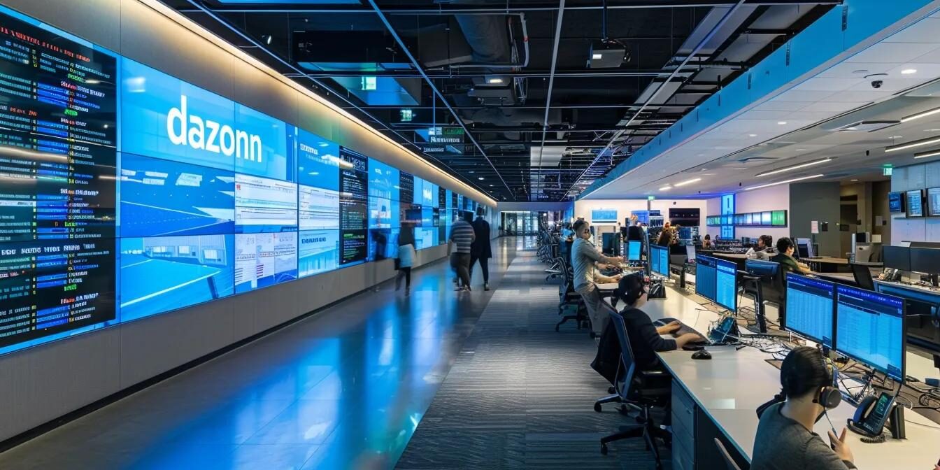 a dynamic call center interior bustling with focused agents, bright led screens displaying solar energy statistics, and the word "dazonn" prominently emblazoned on the walls, capturing the energy of innovative solar lead generation strategies in action.