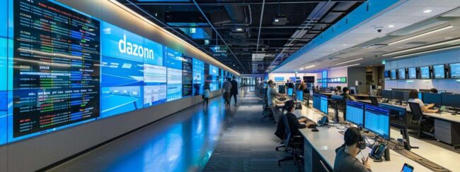 a dynamic call center interior bustling with focused agents, bright led screens displaying solar energy statistics, and the word "dazonn" prominently emblazoned on the walls, capturing the energy of innovative solar lead generation strategies in action.